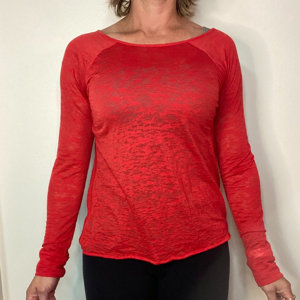Blouse, red, long sleeve, open back